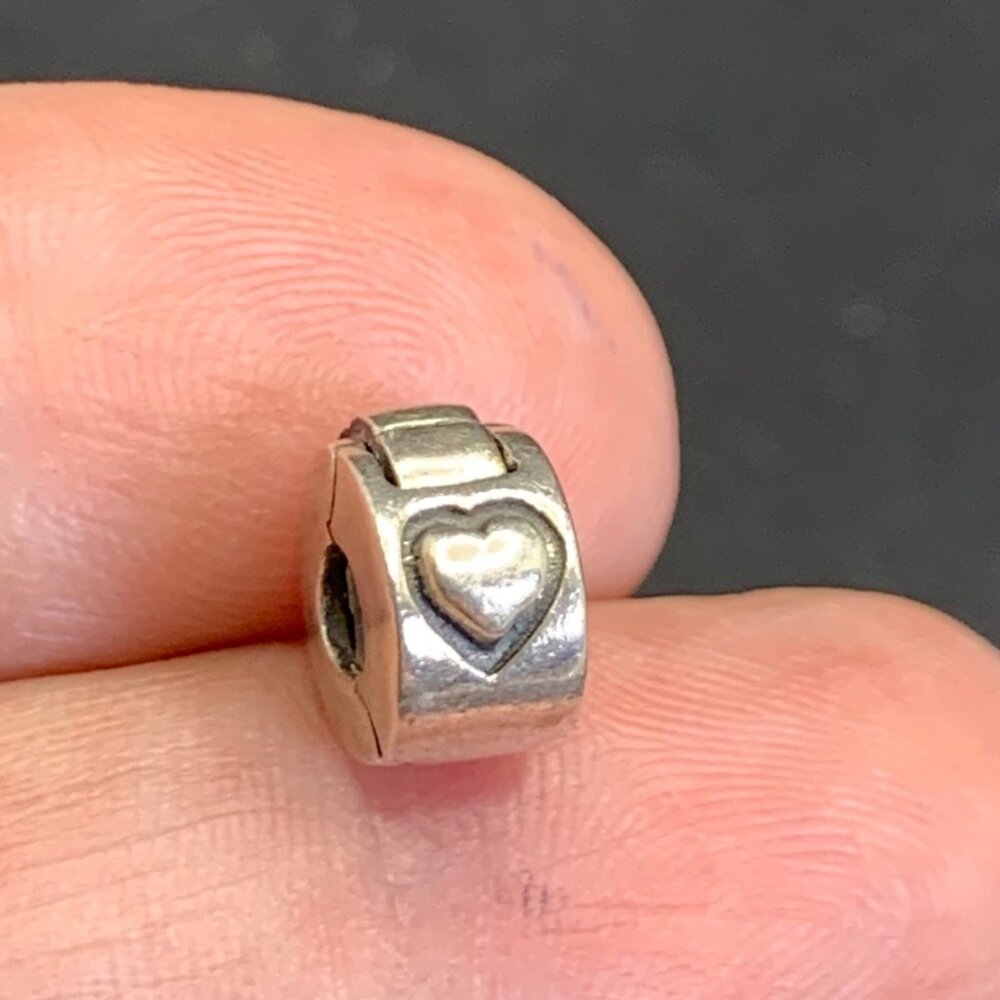 Sterling Silver 925 Double Heart Hinged Slide Charm Rubber Grip Inside 0.25"